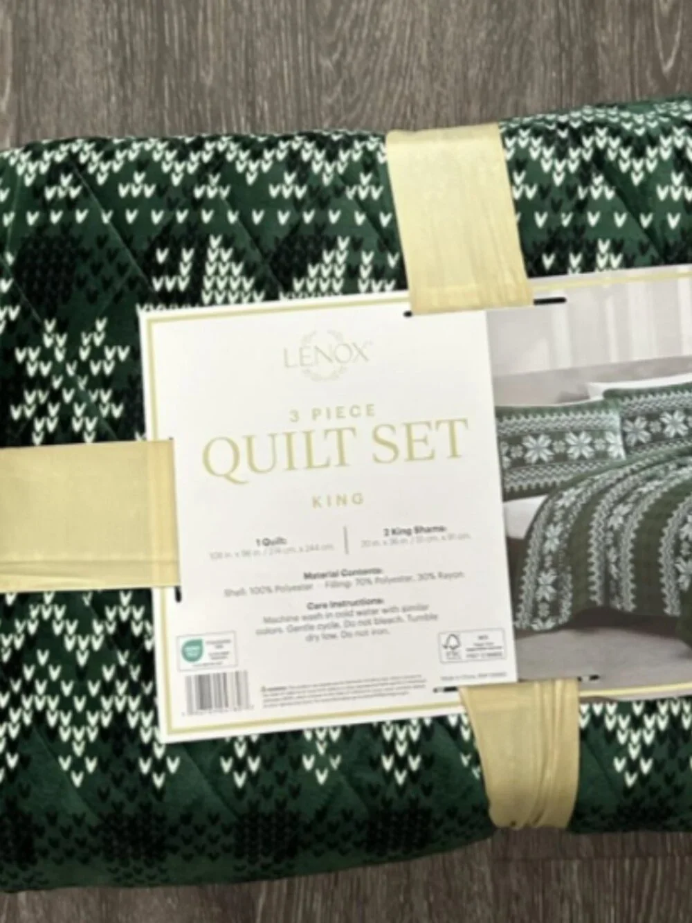Lenox 3 Piece Quilt Set King Green Fair Isle Quilted Bedding Shams Holiday New